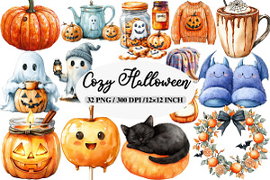 Watercolor Cozy Halloween Clipart, an Illustration by Daily.Designs
