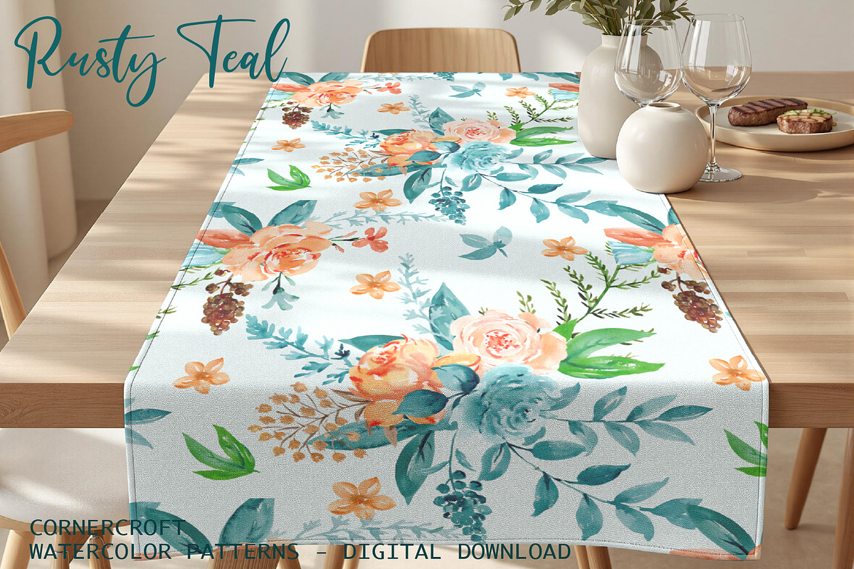 Rusty Teal Floral Clipart & Patterns, an Illustration by Corner Croft (Photo 11 of 13)