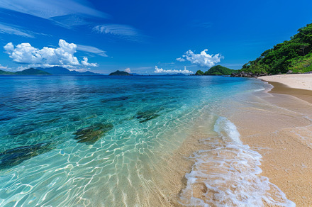 Sandy beach with clear blue water an, a Photo by Iftikhar Alam