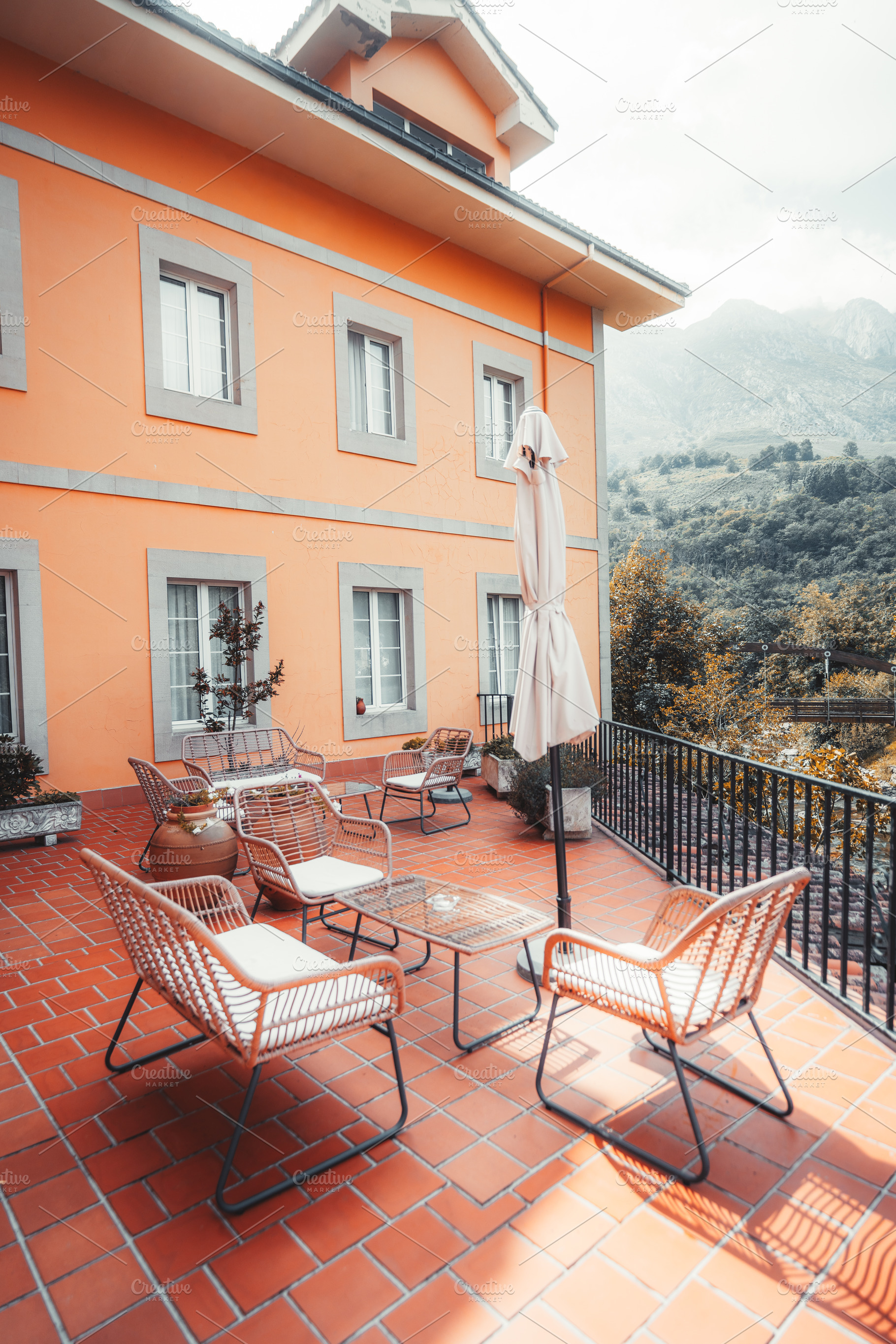Colorful terrace with mountain view, an Architecture Photo by SkyNext