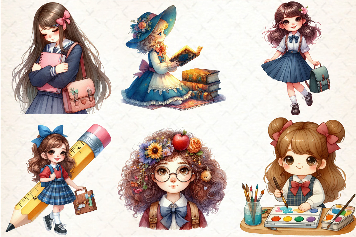 Whimsical School Girl Clipart PNG, an Illustration by DreamCafeArt (Photo 2 of 5)