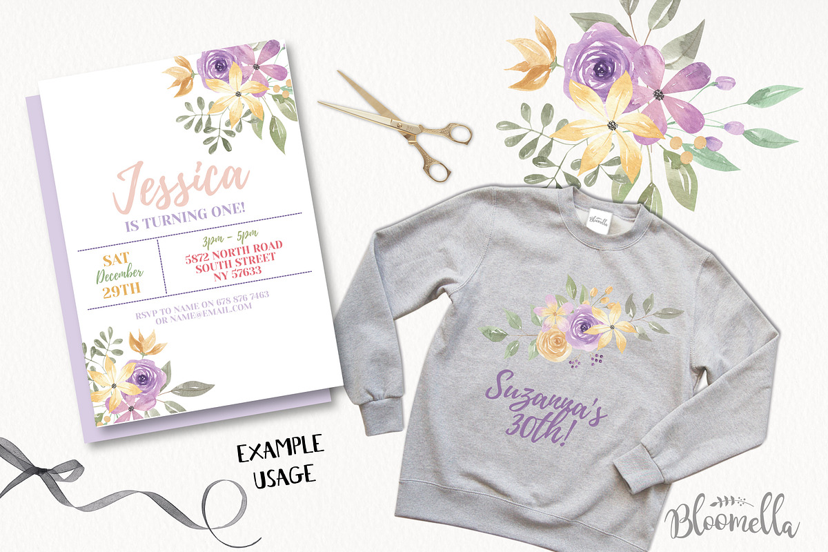 Watercolour Flowers Purple Lemon Kit, an Illustration by Bloomella (Photo 3 of 7)