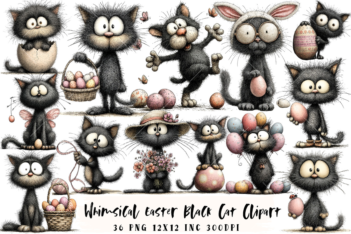 Whimsical Easter Black Cat Clipart, an Illustration by OK Design (Photo 1 of 6)