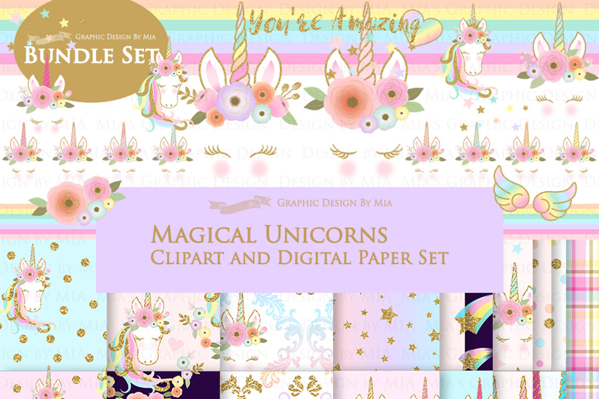 Unicorn Faces Gold Clipart, Pattern, an Illustration by Mia's Graphic Design (Photo 1 of 11)
