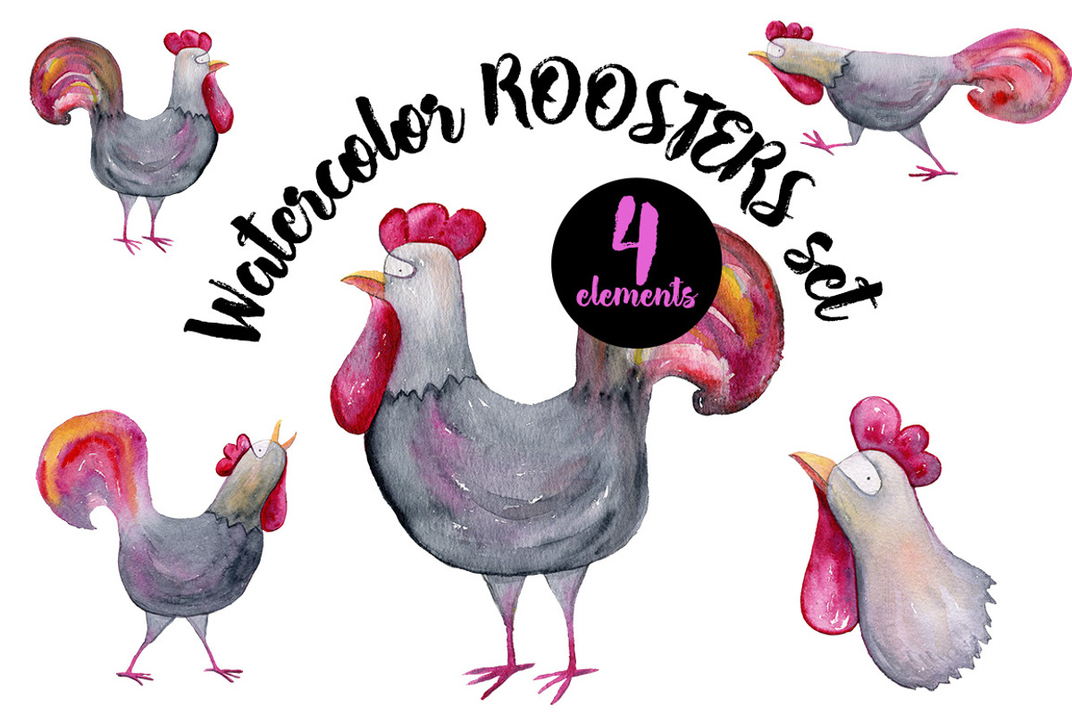 Watercolor Roosters Set, an Animal Illustration by Bibela (Photo 1 of 3)