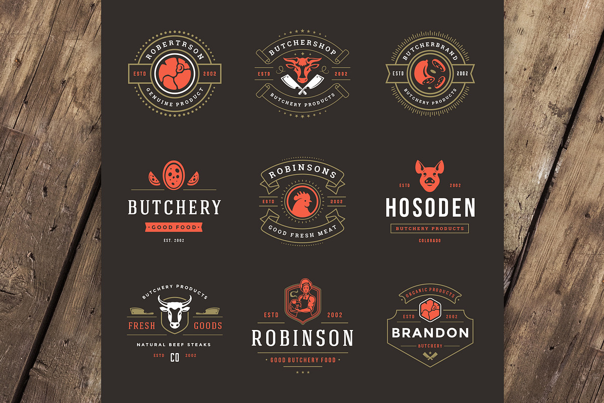 18 Meat Food Logos and Badges, a Branding & Logo Template by Vasya Kobelev (Photo 5 of 12)