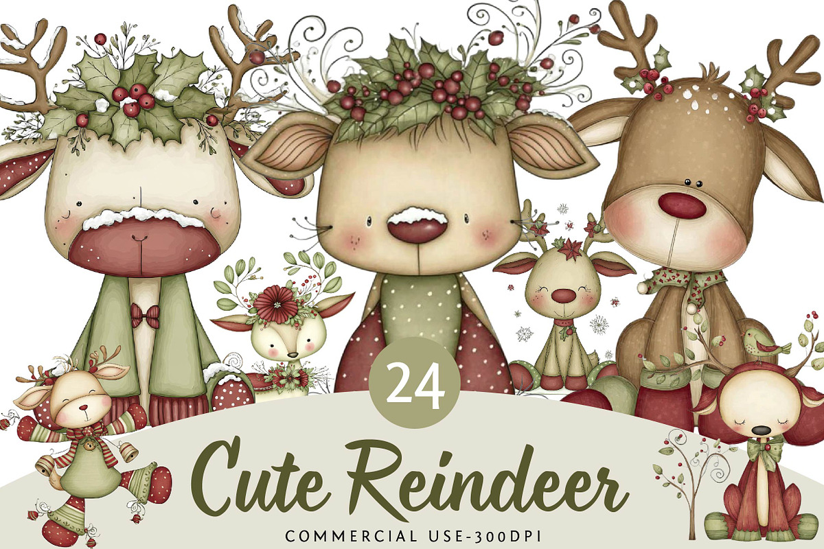 Christmas Cute Reindeer Clipart, an Illustration by DreamPrint404 (Photo 1 of 6)