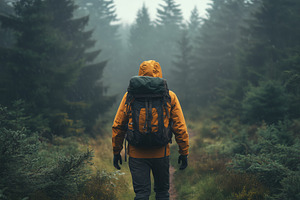 A forester hiker in an orange jacket walks through a misty forest, surrounded b, a Person Photo by Textures & Backgrounds