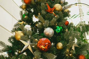 Christmas tree decorating home for winter holiday celebration, hanging red, gol, a Photo by Studio ANNA