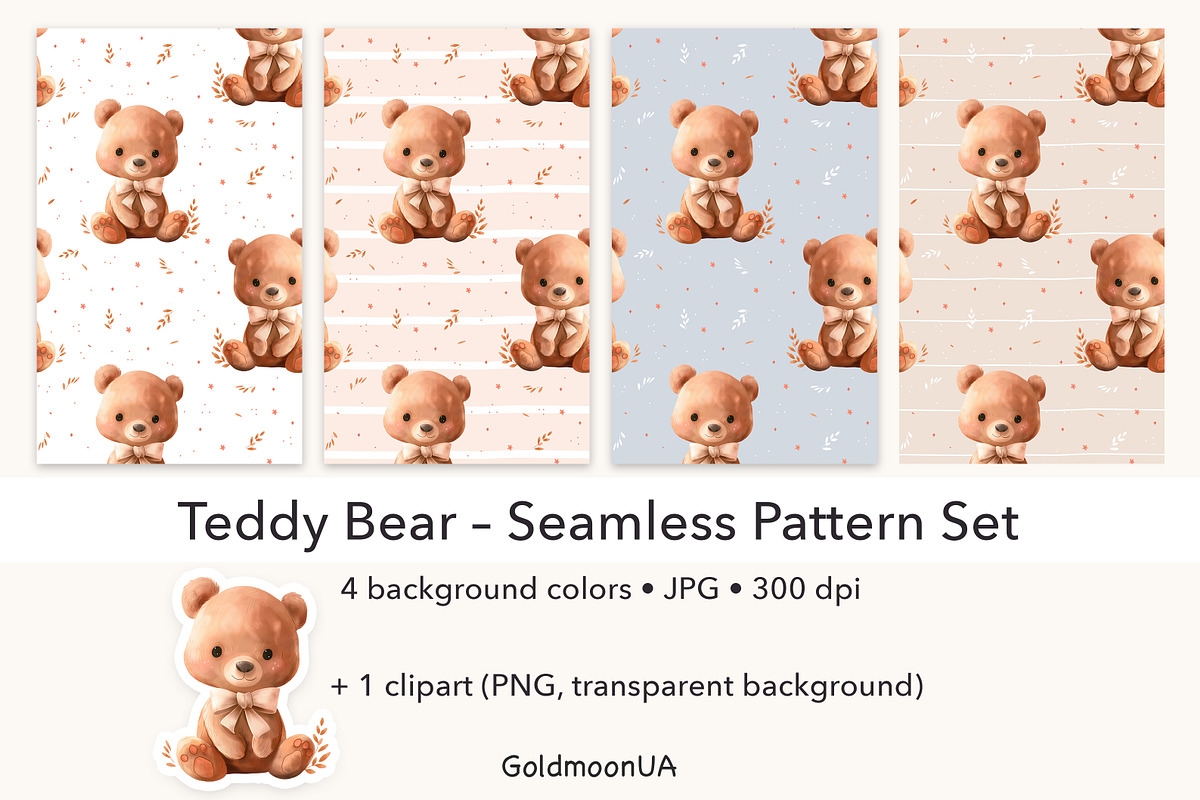 Teddy Bear Patterns & Clipart, an Animal Illustration by GoldmoonUA (Photo 1 of 5)