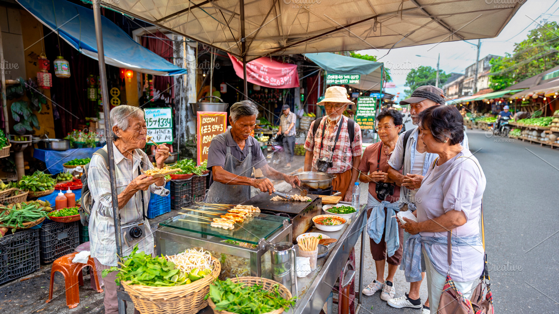 Asian multicultural group of tourists gathered around a busy str, a Person Photo by DanFLCreativo