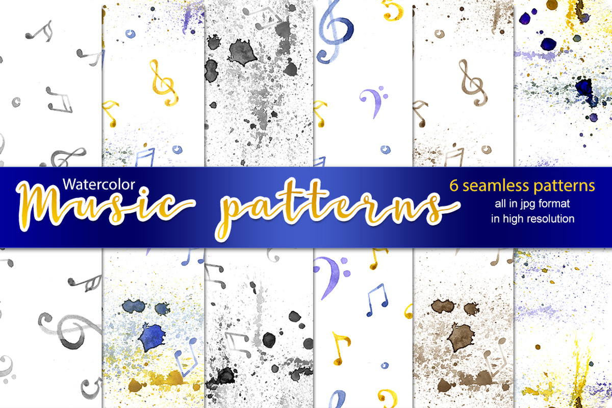6 watercolor music patterns, a Pattern Graphic by NataliMiasStore