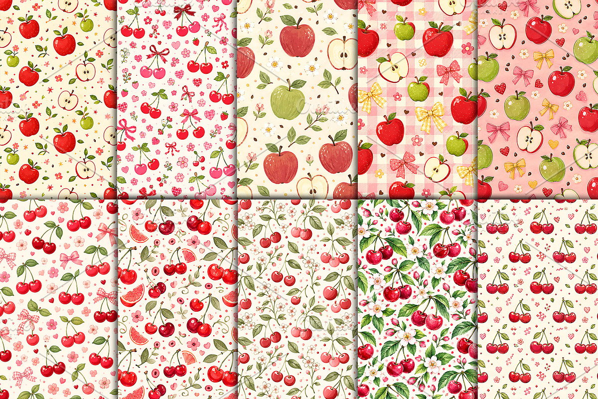 Cute Cherry Apple Fruit Pattern, a Pattern Graphic by Artonix (Photo 2 of 7)