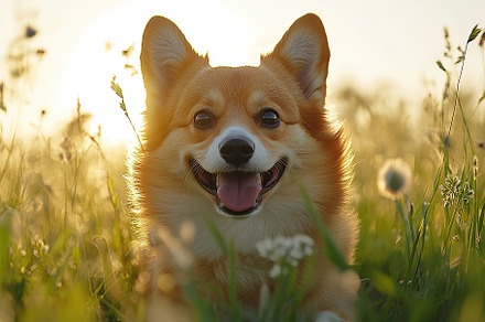 Portrait of a cute corgi dog having fun in a green meadow, an Animal Photo by AlyaAnd