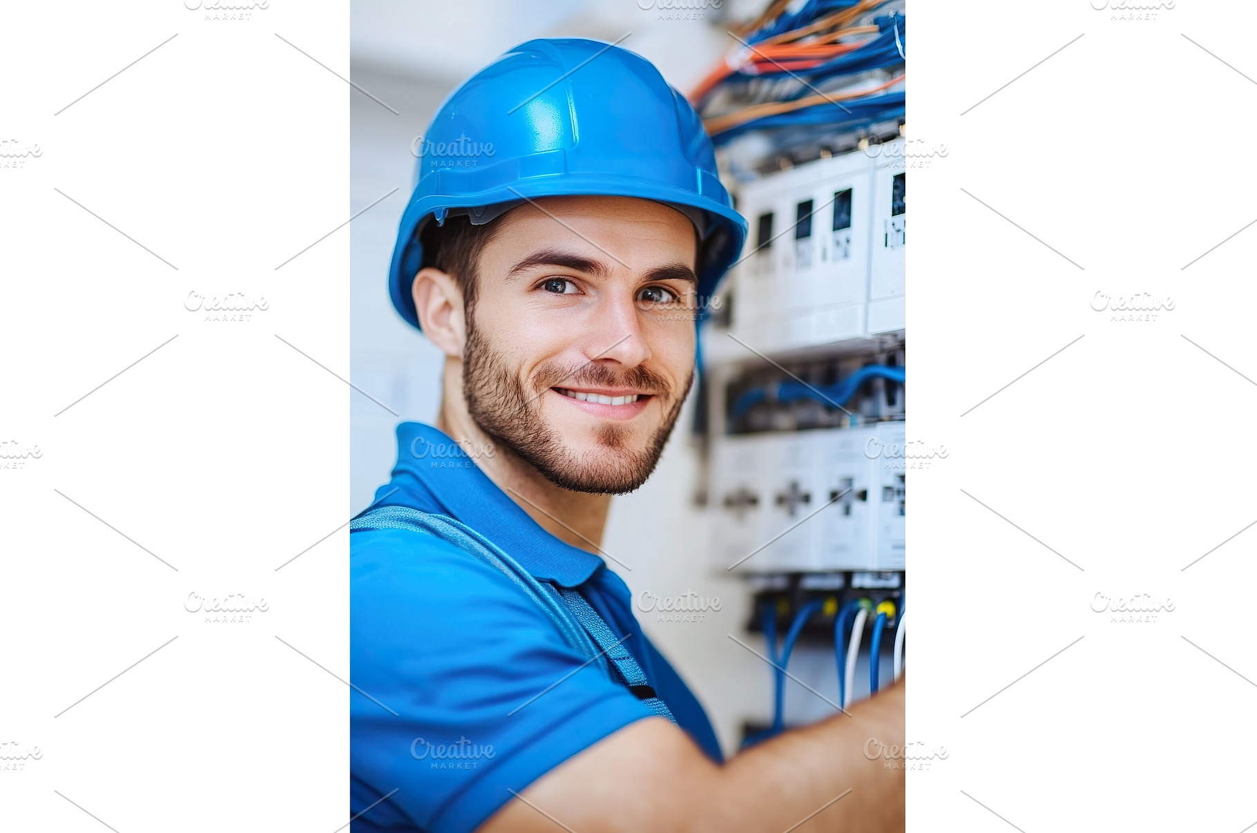 electrician in blue hard hat, an Industrial Photo by Lermont51