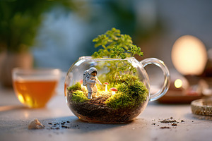 Tiny astronaut tends to plants inside a glass terrarium filled with moss and mu, a Food & Drink Photo by AlyaAnd