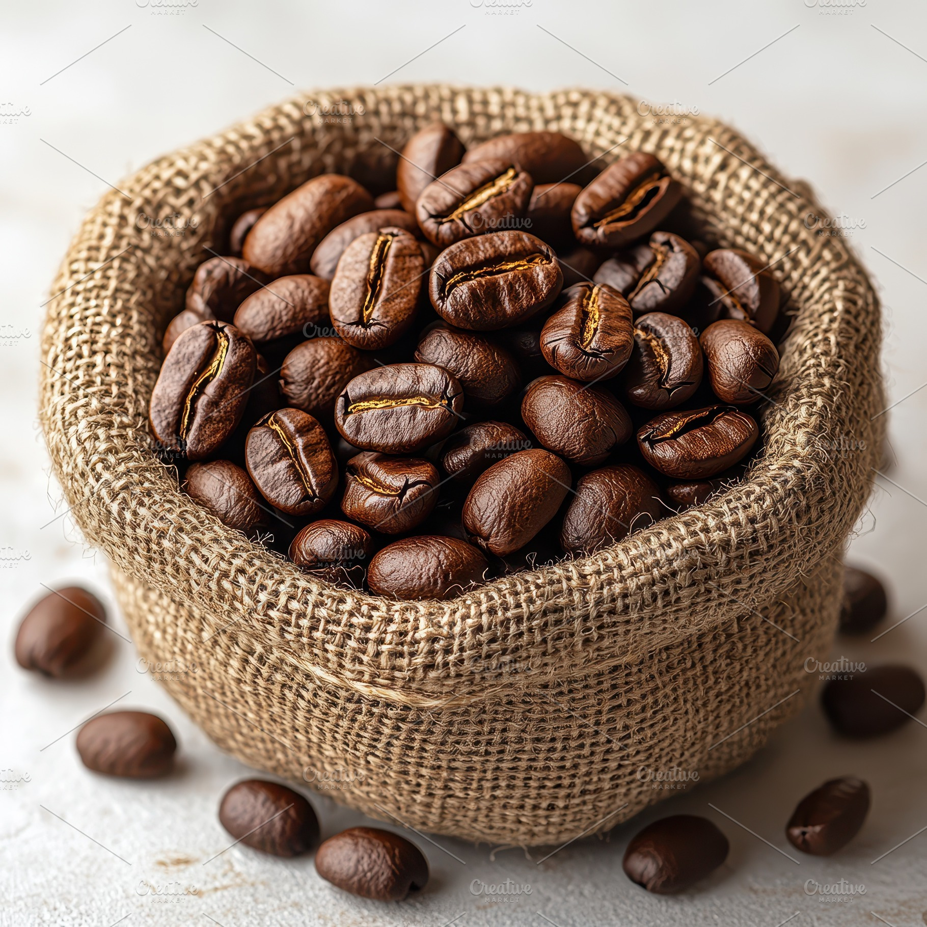 Roasted coffee beans in burlap sack, a Food & Drink Photo by Pixeness Studio