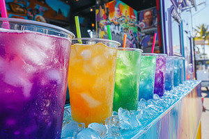 Colorful iced drinks lined up on, a Food & Drink Photo by MistyDay