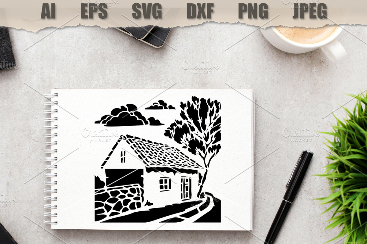 Stencil Cottage Country Landscape, a Decorative Illustration by MARYCRAFTIRIA (Photo 2 of 3)