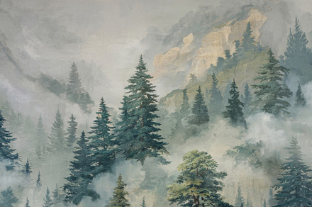 Serene Misty Pine Forest Wallpaper, a Decorative Illustration by Virgo Studio