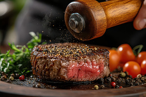 Delicious juicy steak seasoned with, a Food & Drink Photo by Pixeness Studio