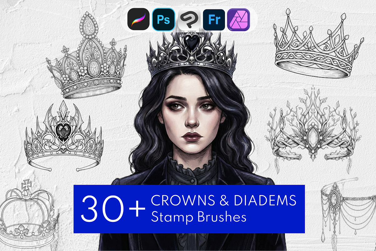 30 Crown & Tiara Procreate Stamps, a Brush Add-On by Selentaori Studio (Photo 1 of 7)