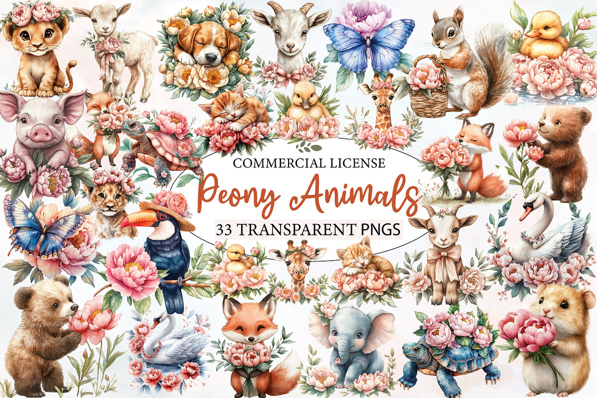 Summer Peony Flower Animals Clipart, an Illustration by Designworld (Photo 1 of 8)
