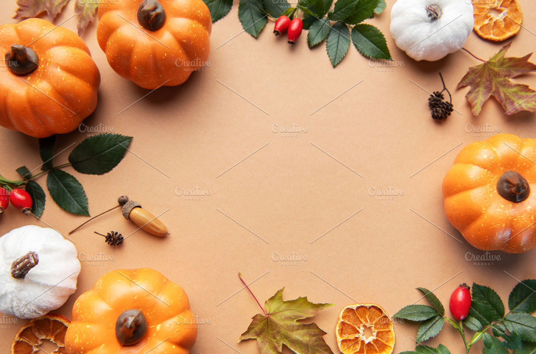 Autumn harvest festival flat lay with pumpkins and leaves, a Holiday Photo by Olena Rudo