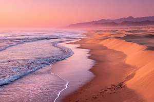 Serene beach at sunset with gentle waves and sand dunes, a Nature Photo by AlyaAnd