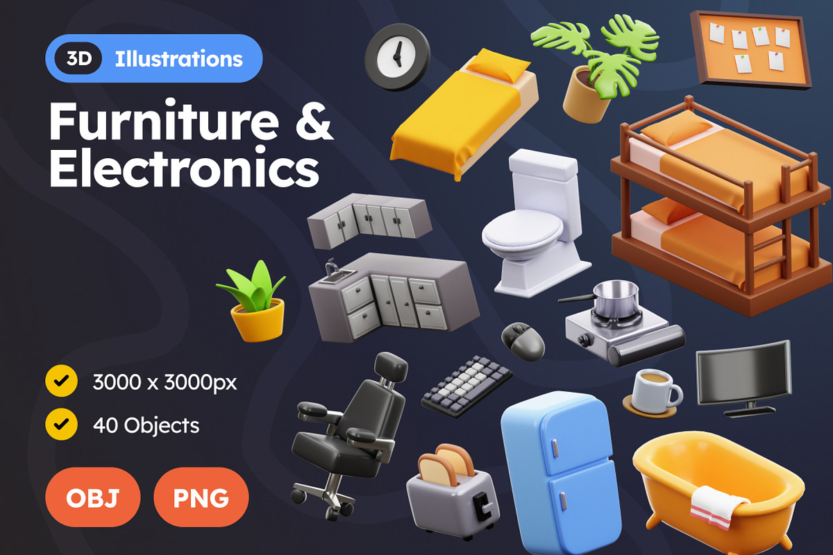Furniture & Electronics 3D Icons, a Furniture 3D Model by Rakata Studio (Photo 1 of 7)