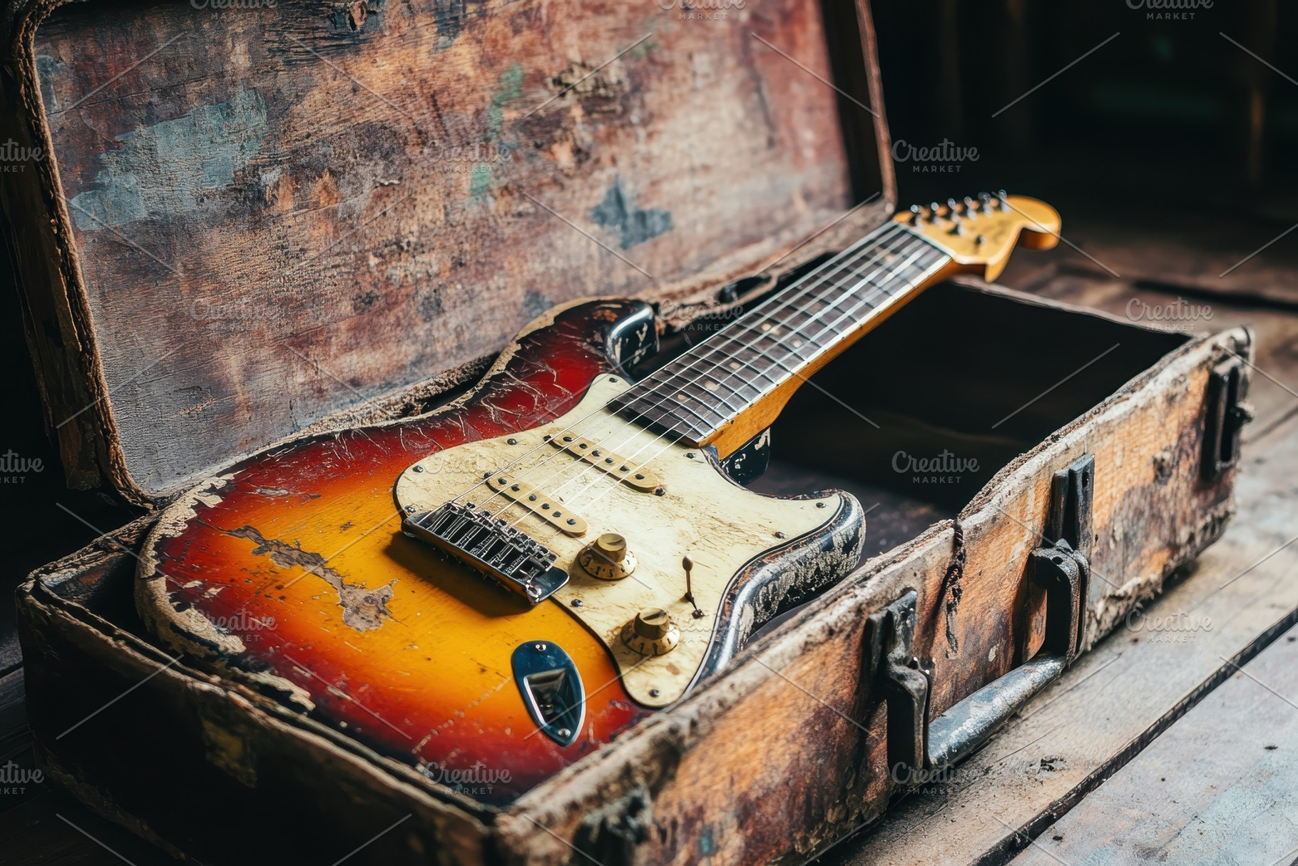 Vintage electric guitar rests in a w, a Photo by Tanuart