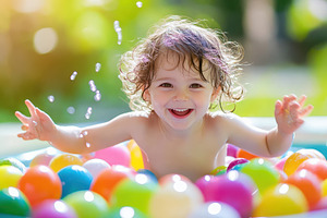 Cute smiling child jumps joyfully, a Photo by Pavel_design