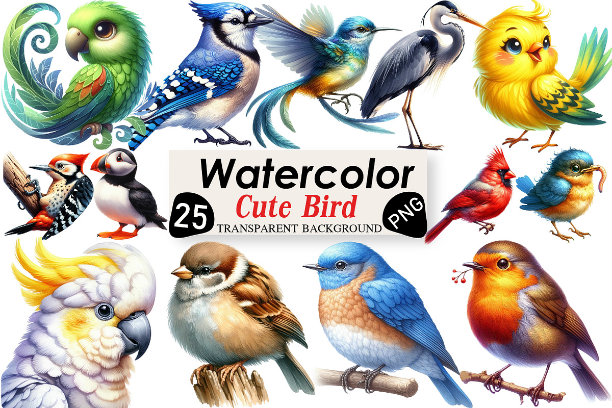 Watercolor Bird Clipart, an Illustration by Black Bird Studio (Photo 1 of 6)