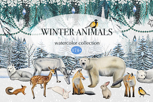 Winter Animal Watercolor Clipart Set