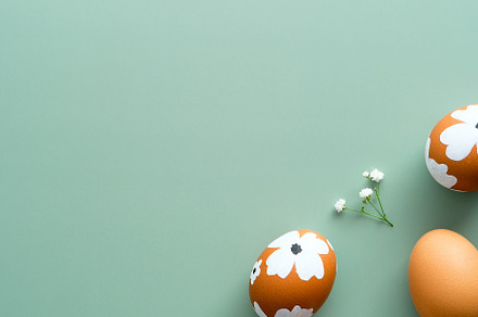 Elegant Easter flat lay composition. Easter painted eggs and flowers on pastel, a Holiday Photo by photoguns