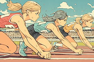Young athletes in starting position on track during outdoor competition day, a Photo by AS photostudio