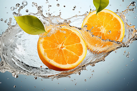 Fresh fruit floating orange juice or, a Food & Drink Photo by Pixeness