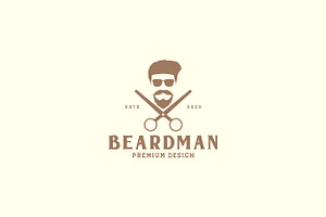 Hipster Man Head Beard Logo Scissor