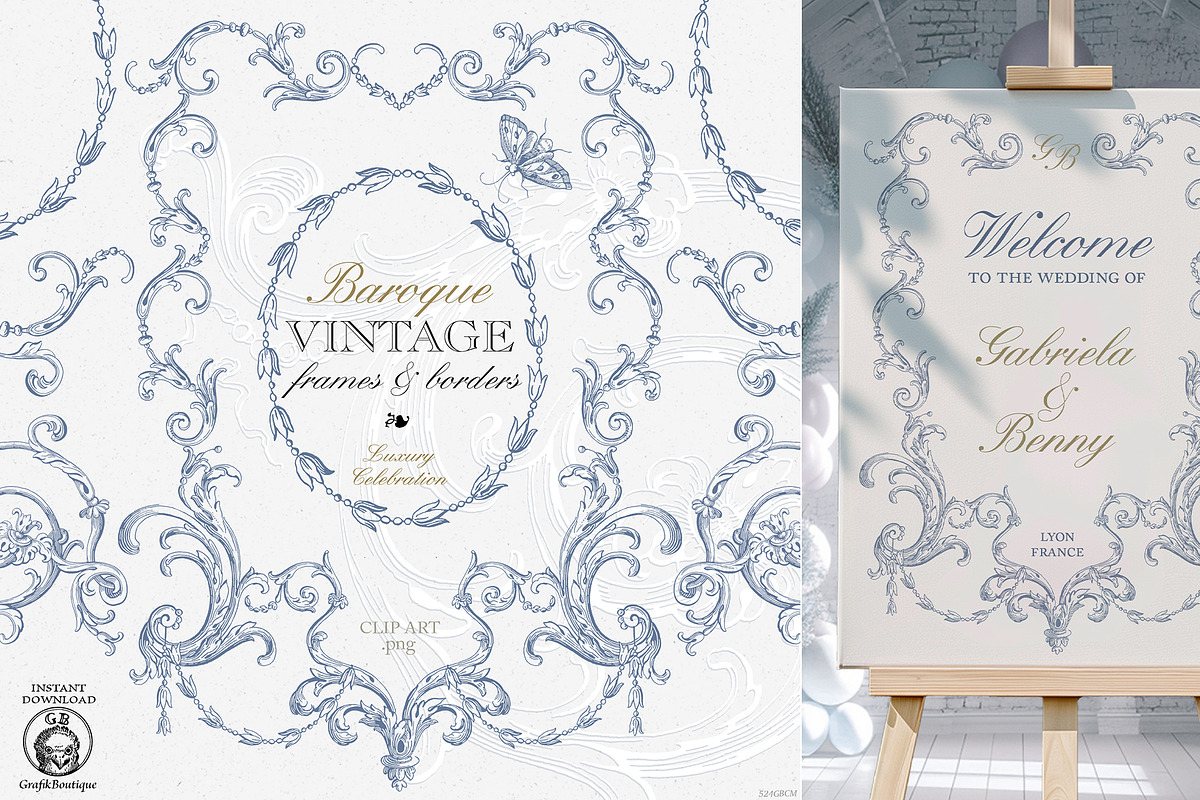 Wedding clip art blue baroque frames, a Decorative Illustration by GrafikBoutique (Photo 1 of 11)