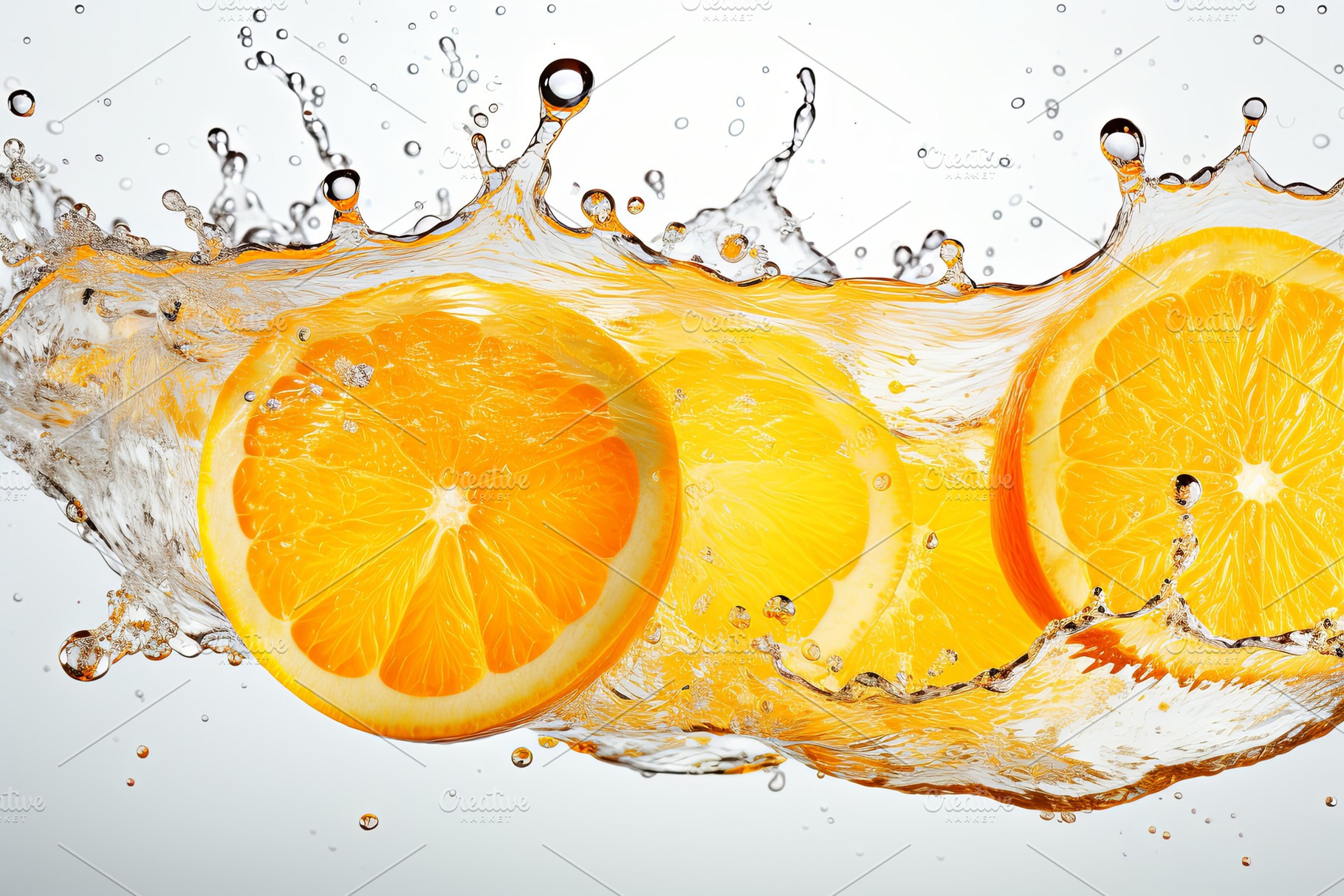 Fresh fruit floating orange juice or, a Food & Drink Photo by Pixeness