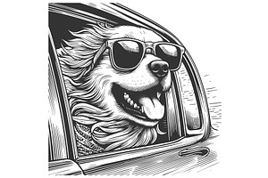 Joyful dog with head out car window, an Animal Illustration by AlexArt
