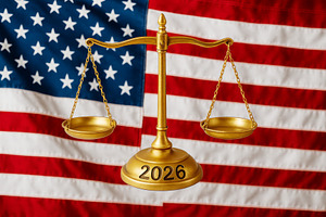 Justice scales over American flag sy, a Photo by Dvoevnore photos