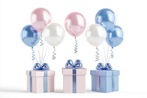 Colorful balloons and gift boxes mak, a Photo by Tanuart