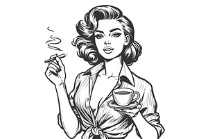 Woman with Coffee and Cigarette, a Person Illustration by AlexArt