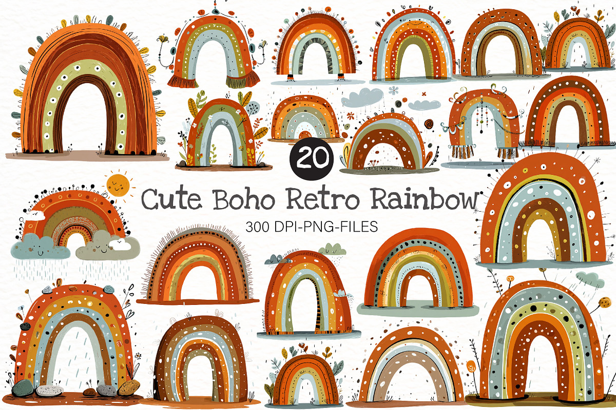 Cute Boho Retro Rainbow Clipart, a Seasonal Illustration by Designworld (Photo 1 of 9)
