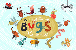 16 funny and cute bugs. Vector set