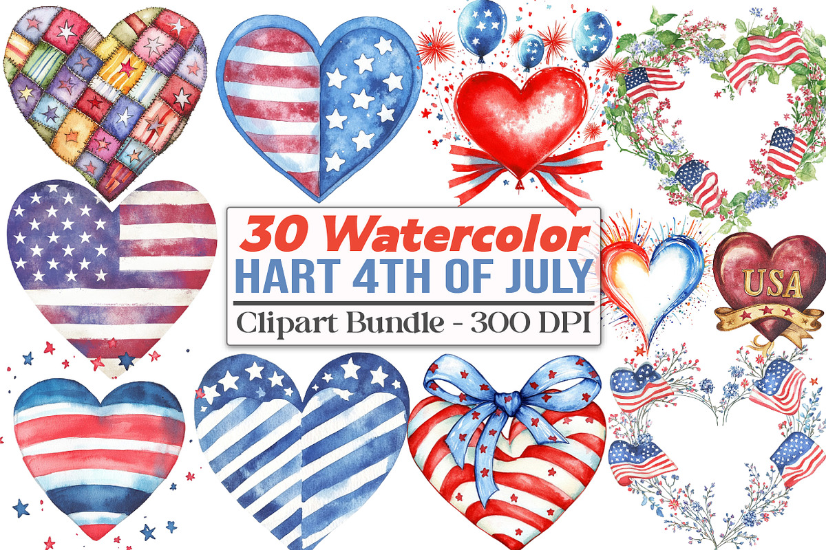 watercolor Hart 4th of july, an Illustration by DreamCafeArt (Photo 1 of 5)