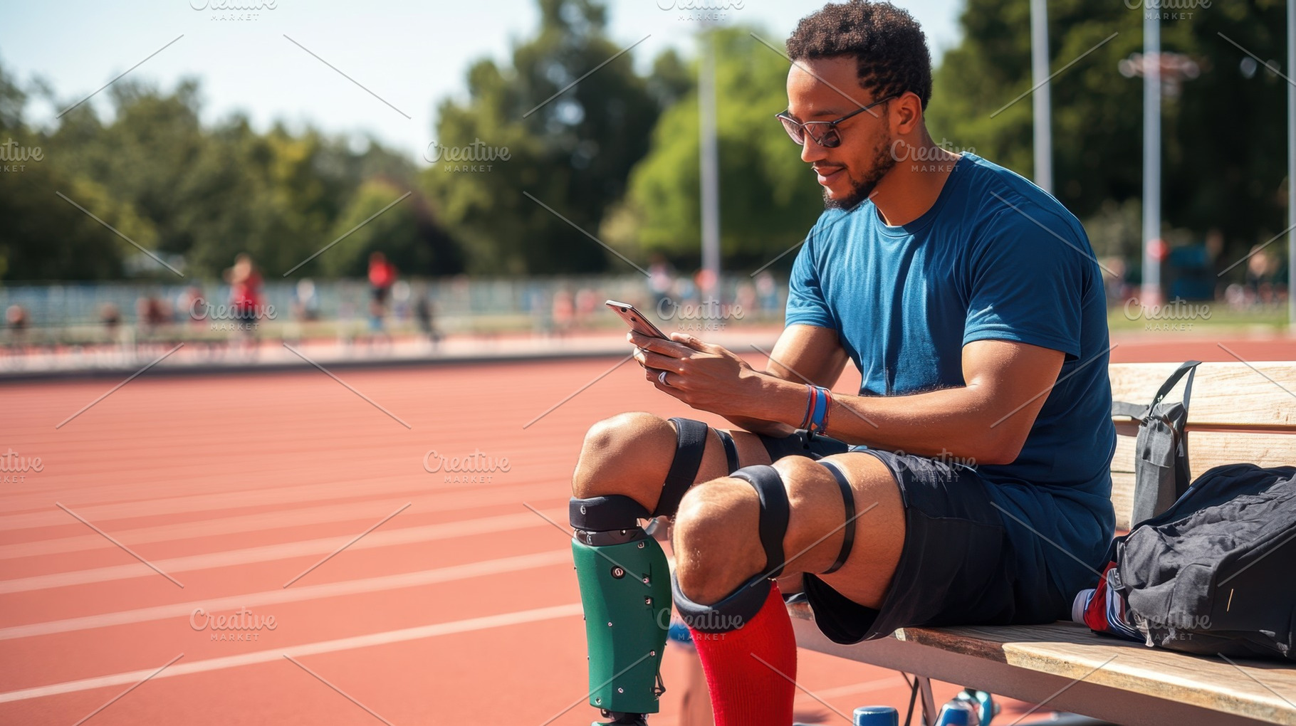 Athlete using smartphone on track, a Photo by Beautiful things
