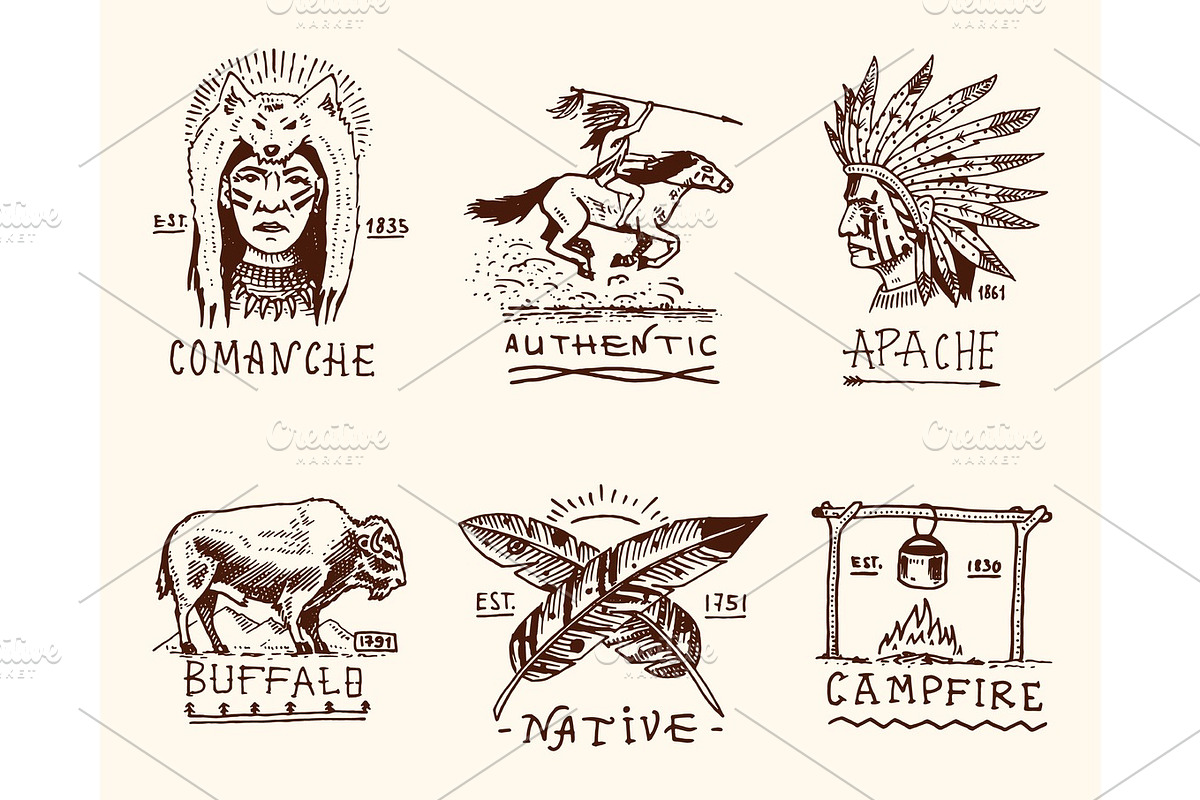 set of engraved vintage, hand drawn, old, labels or badges for indian or native american. buffalo, face with feathers, horse rider, apache or comanche, campfire and authentic., a Decorative Illustration by Arthur Balitskiy