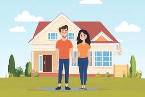 Happy couple outside their new home, a Photo by Pavel_design